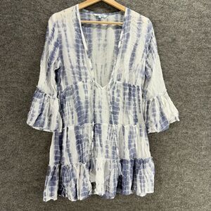 Blue Island Mini Dress Women S Small Blue Plaid Short V-Neck Tasseled Rayon